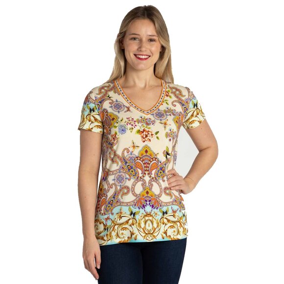 Johnny Was Janie Favorite Scroll Tee Short Sleeve V Neck Shirt White Gold Top NW - Picture 1 of 10